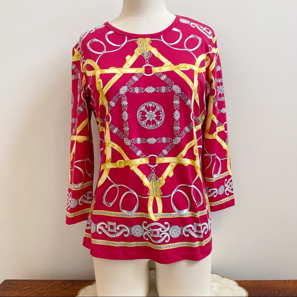 J.McLaughlin Red Gold Tassel Link Elegant Tee Top M NWT